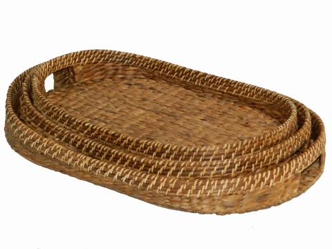 3pc oval water hyacinth with rattan rim